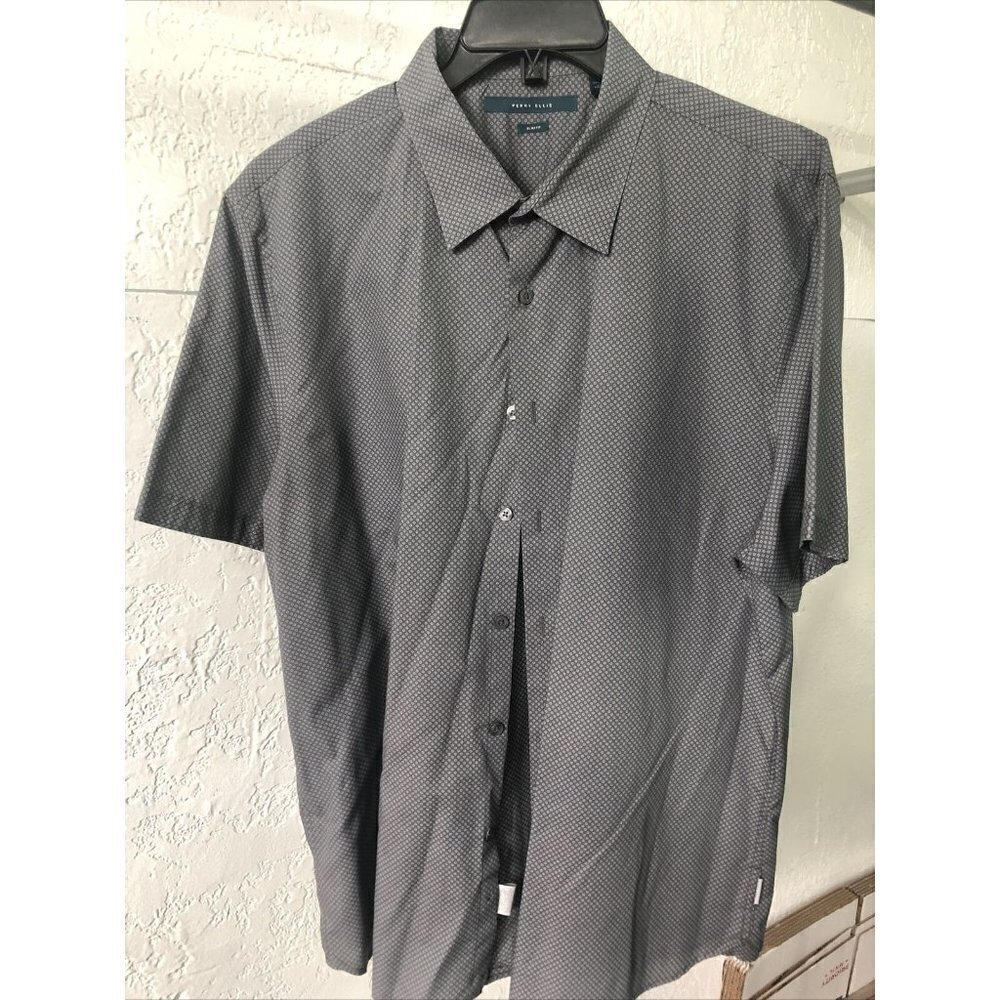 Men's Perry Ellis Slim Fit Button Up Short Sleeve Camo Shirt, Size XXL- Gray